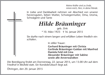 Traueranzeige von Hilde Bräuninger 
