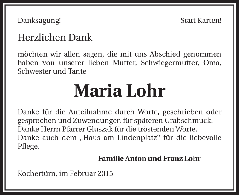  Traueranzeige für Maria Lohr vom 03.03.2015 aus 
