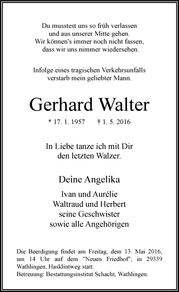  Traueranzeige für Gerhard Walter vom 07.05.2016 aus 