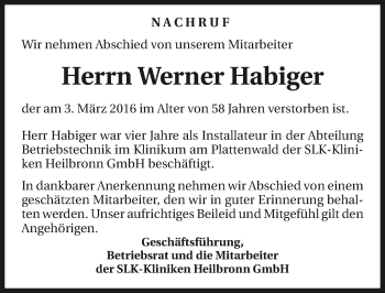 Traueranzeige von Werner Habiger 