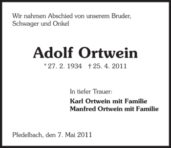 Traueranzeige von Adolf Ortwein 