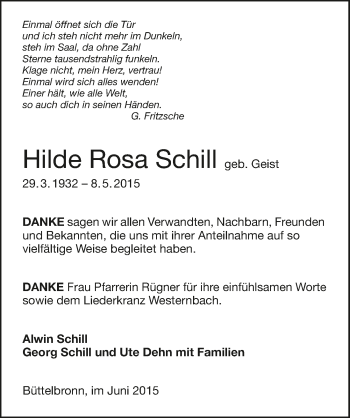 Traueranzeige von Hilde Rosa Schill 