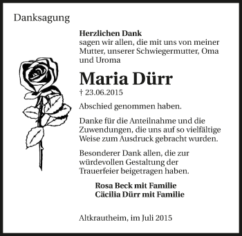 Traueranzeige von Maria Dürr 