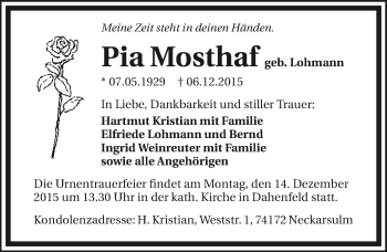 Traueranzeige von Pia Mosthaf 