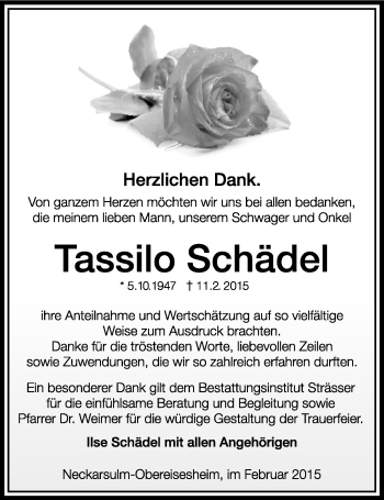 Traueranzeige von Tassilo Schädel 