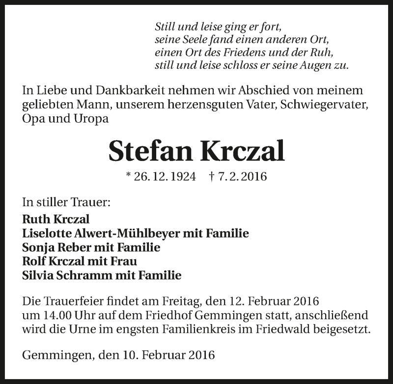  Traueranzeige für Stefan Krczal vom 10.02.2016 aus 