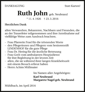 Traueranzeige von Ruth John 