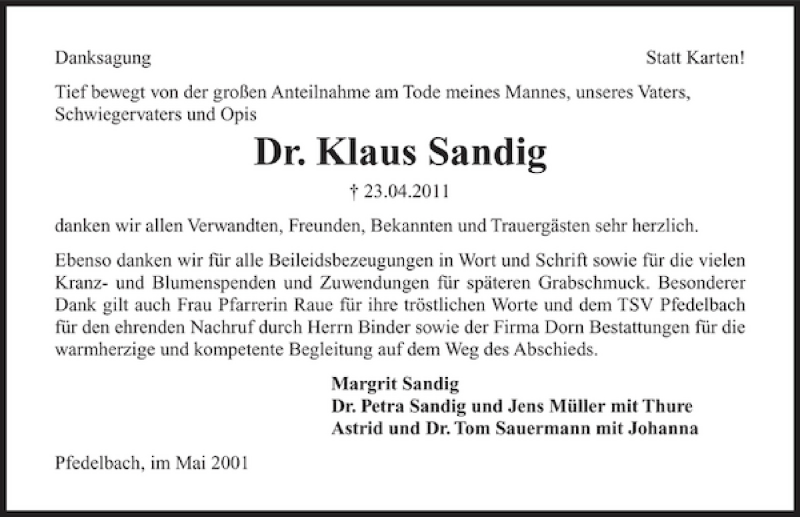  Traueranzeige für Dr. Klaus Sandig vom 11.05.2011 aus 