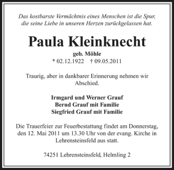 Traueranzeige von Paula Kleinknecht 