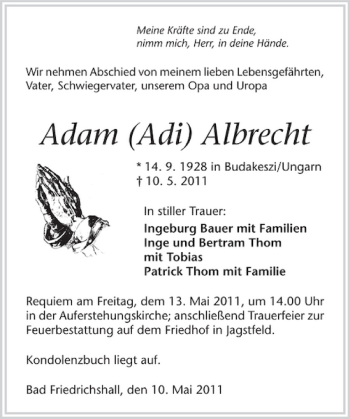 Traueranzeige von Adam Adi Albrecht 
