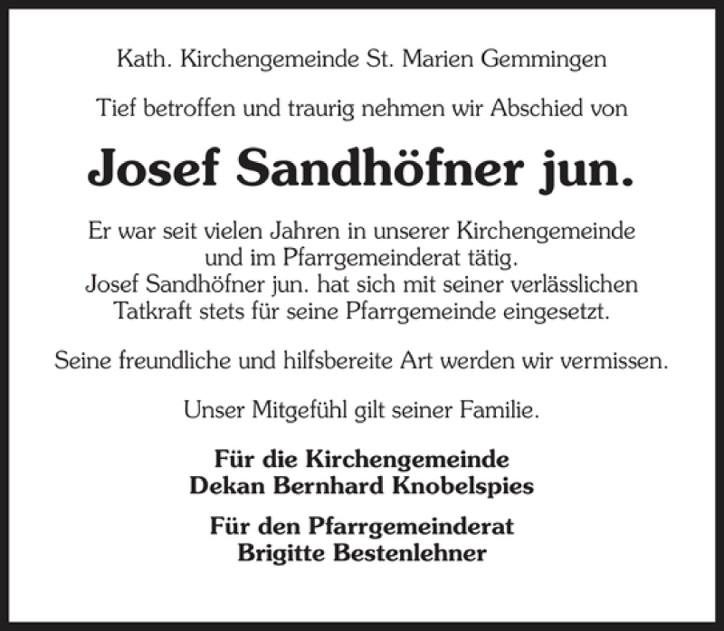  Traueranzeige für Josef Sandhöfner jun. vom 11.05.2011 aus 