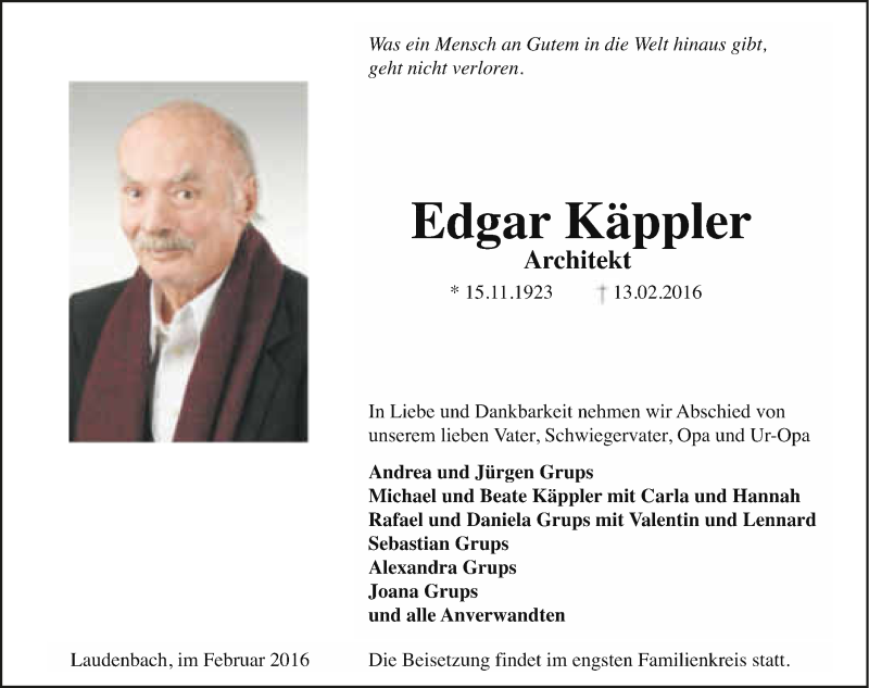  Traueranzeige für Edgar Käppler vom 20.02.2016 aus 