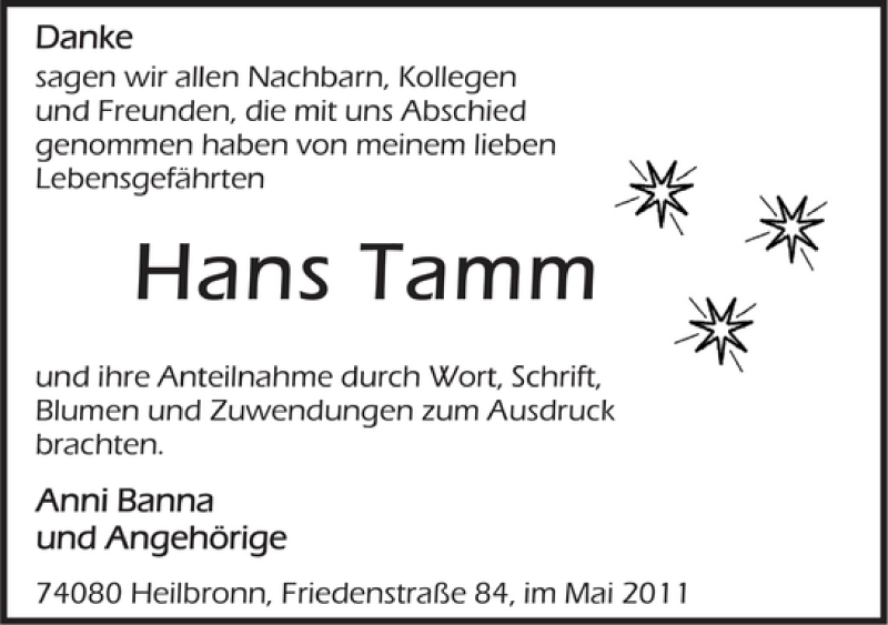  Traueranzeige für Hans Tamm vom 12.05.2011 aus 