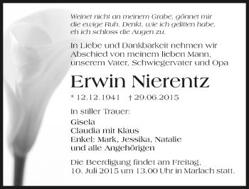 Traueranzeige von Erwin Nierentz 
