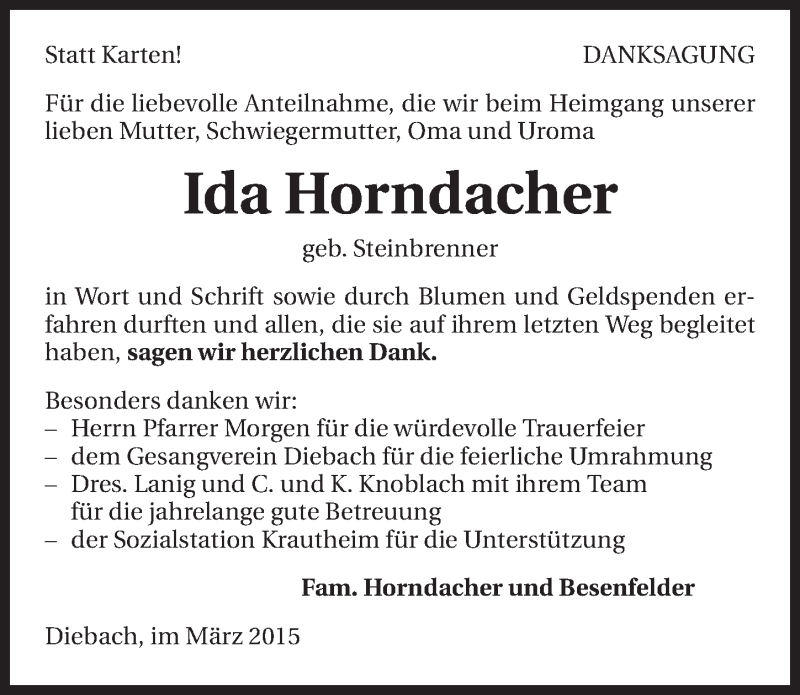  Traueranzeige für Ida Horndacher vom 02.03.2015 aus 