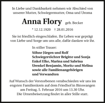 Traueranzeige von Anna Flory 