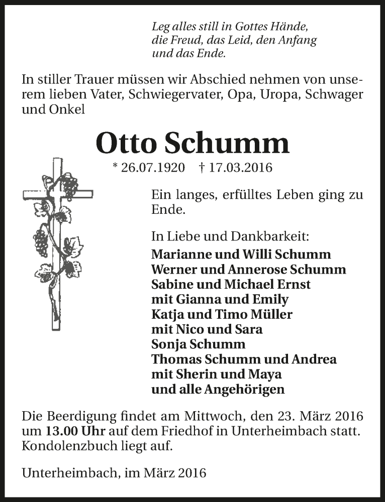  Traueranzeige für Otto Schumm vom 21.03.2016 aus 