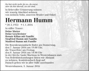 Traueranzeige von Hermann Humm 