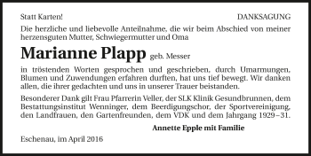Traueranzeige von Marianne Plapp 