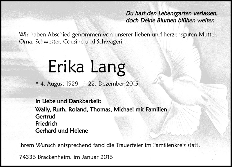  Traueranzeige für Erika Lang vom 02.01.2016 aus 