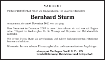 Traueranzeige von Bernhard Sturm 