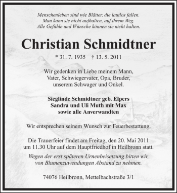 Traueranzeige von Christian Schmidtner 