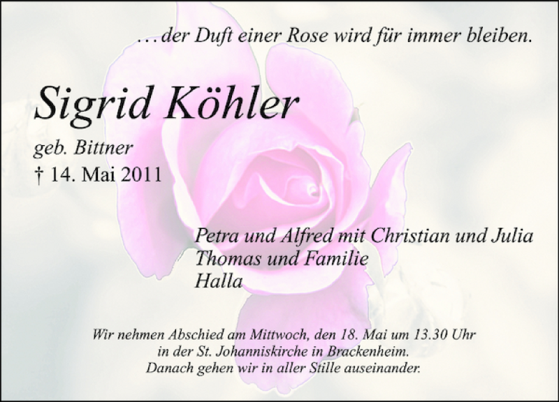  Traueranzeige für Sigrid Köhler vom 16.05.2011 aus 