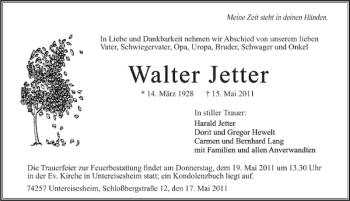 Traueranzeige von Walter Jetter 