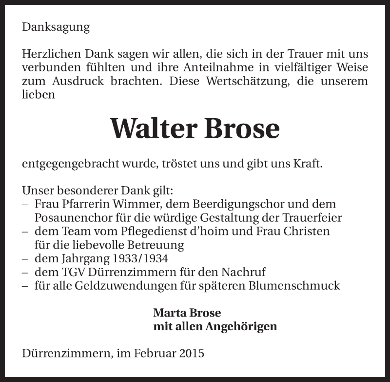  Traueranzeige für Walter Brose vom 12.02.2015 aus 