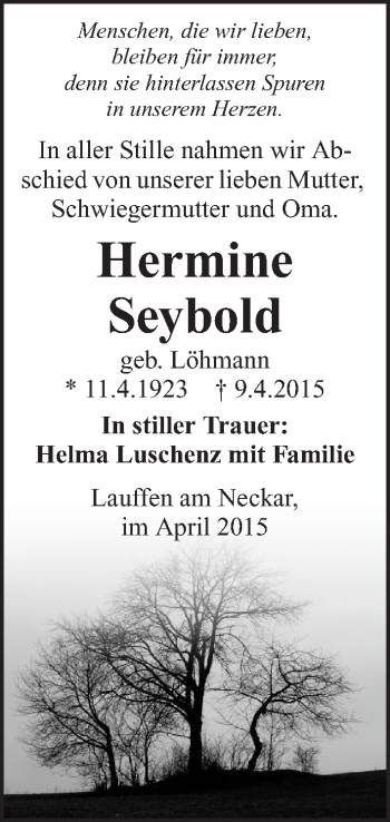 Traueranzeige von Hermine Seybold 