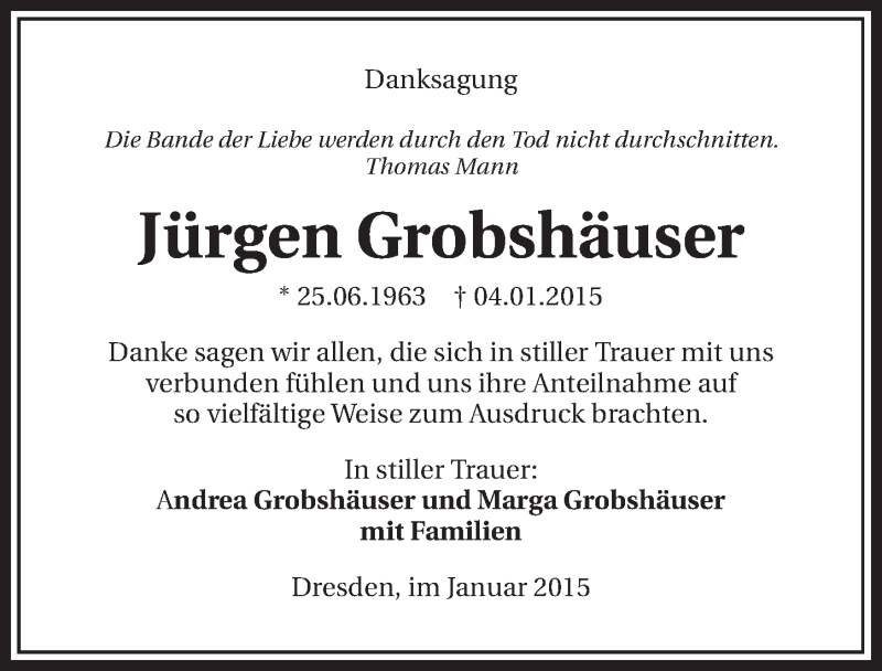  Traueranzeige für Jürgen Grobshäuser vom 28.01.2015 aus 