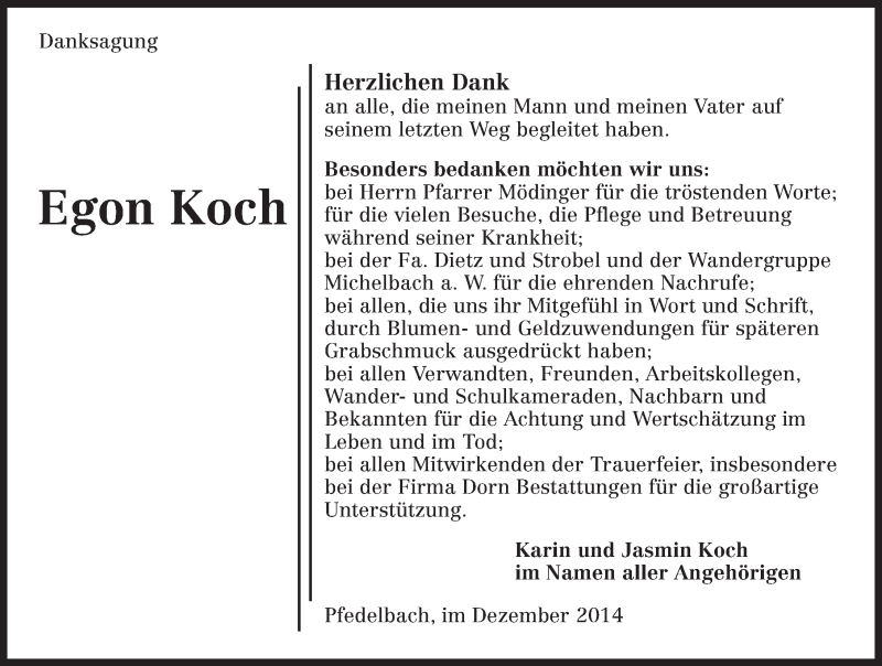  Traueranzeige für Egon Koch vom 23.12.2014 aus 