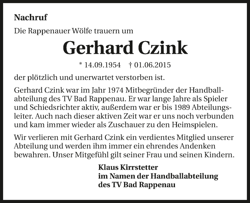  Traueranzeige für Gerhard Czink vom 06.06.2015 aus 