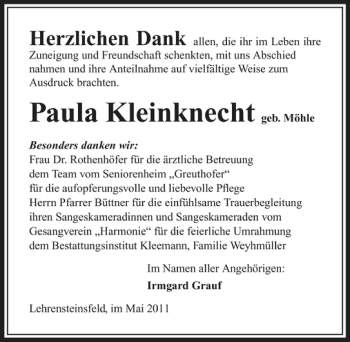 Traueranzeige von Paula Kleinknecht 
