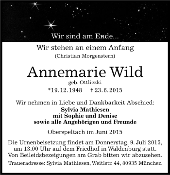 Traueranzeige von Annemarie Wild 
