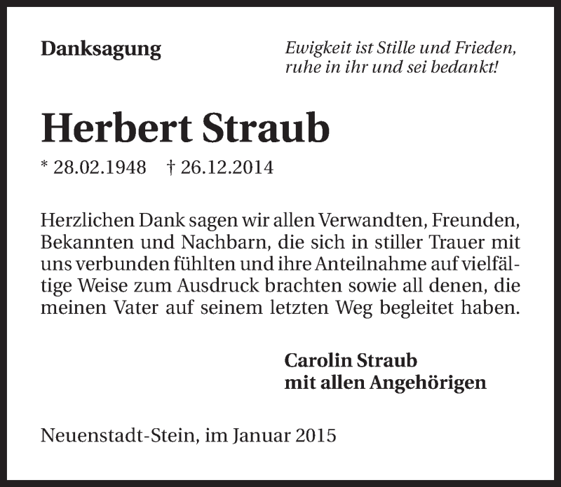  Traueranzeige für Herbert Straub vom 17.01.2015 aus 