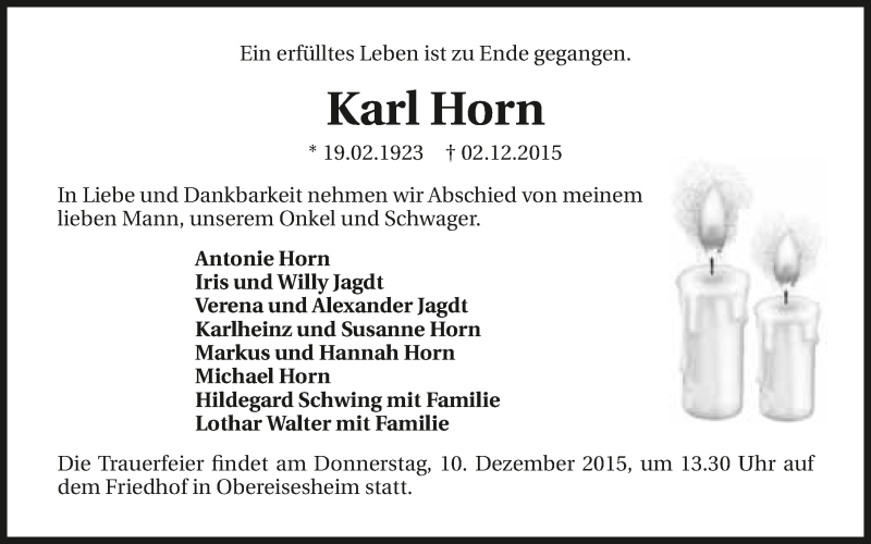  Traueranzeige für Karl Horn vom 05.12.2015 aus 