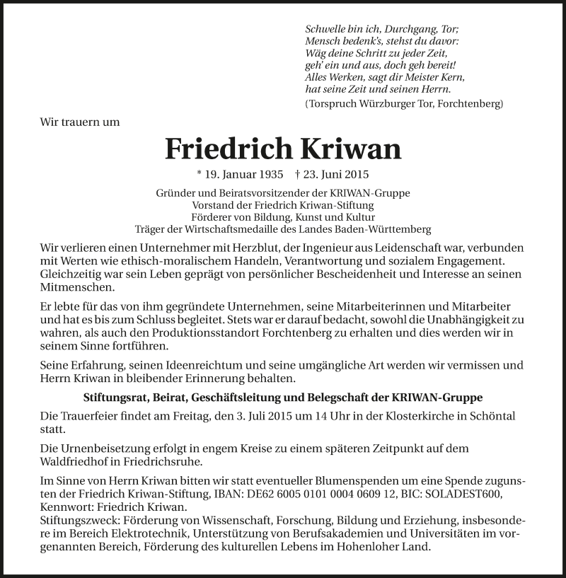  Traueranzeige für Friedrich Kriwan vom 30.06.2015 aus 