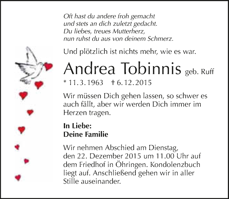  Traueranzeige für Andrea Tobinnis vom 19.12.2015 aus 