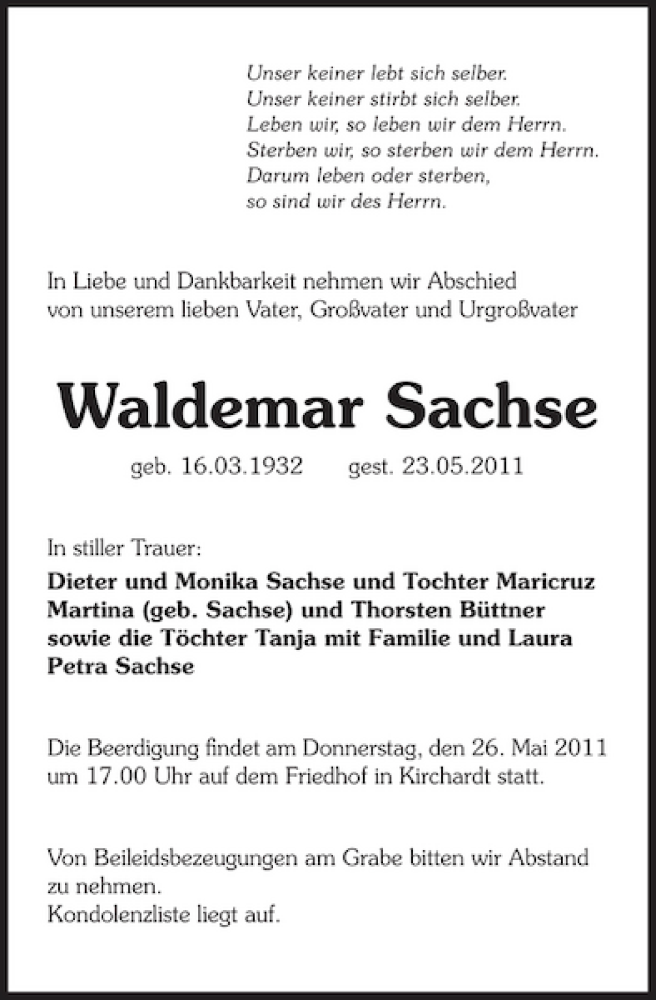  Traueranzeige für Waldemar Sachse vom 25.05.2011 aus 