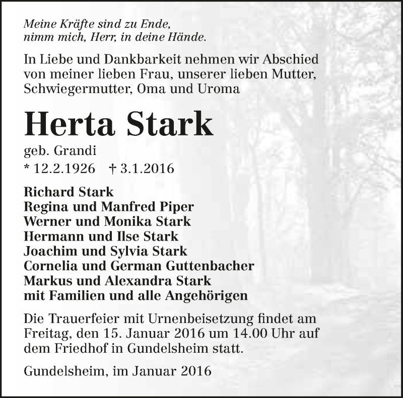  Traueranzeige für Herta Stark vom 07.01.2016 aus 