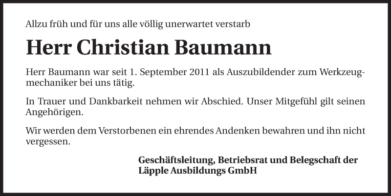  Traueranzeige für Christian Baumann vom 09.01.2015 aus 