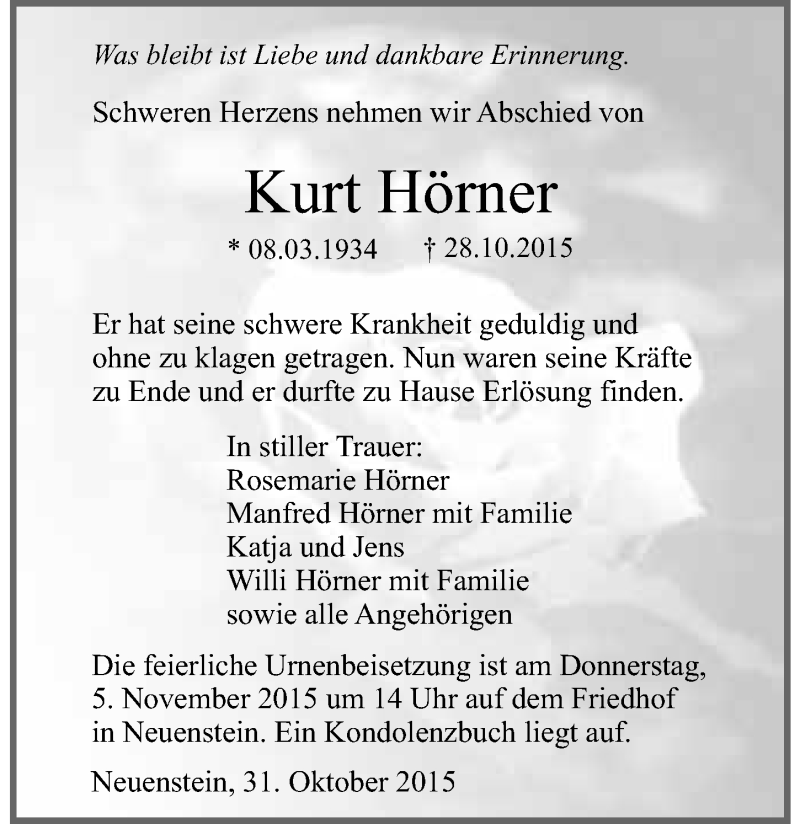 Traueranzeige für Kurt Hörner vom 31.10.2015 aus 