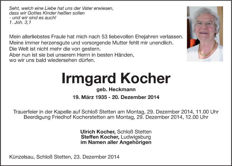  Traueranzeige für Irmgard Kocher vom 23.12.2014 aus 