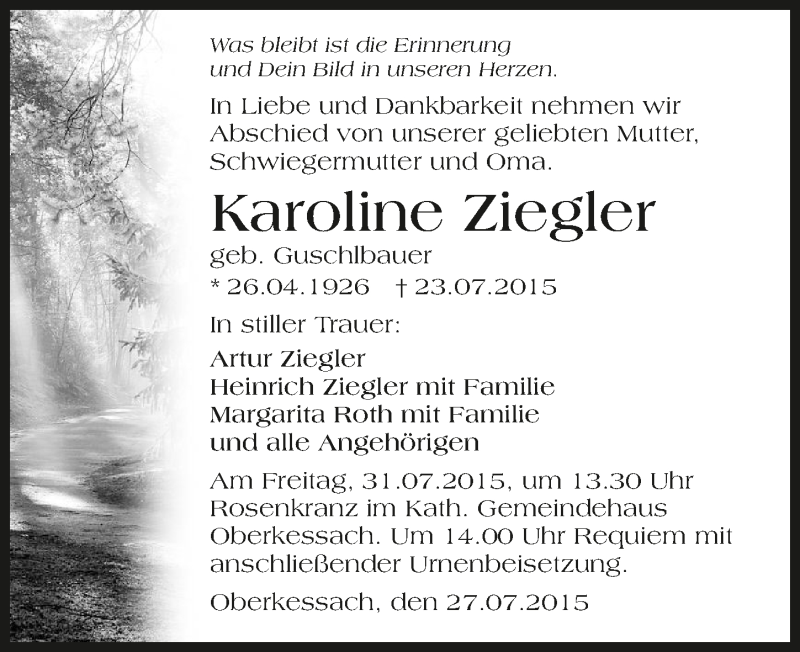  Traueranzeige für Karoline Ziegler vom 28.07.2015 aus 