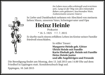 Traueranzeige von Heinz Heinle 