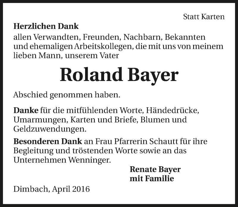  Traueranzeige für Roland Bayer vom 14.04.2016 aus 