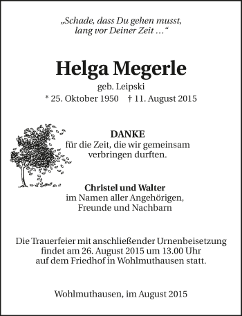 Traueranzeige von Helga Megerle 