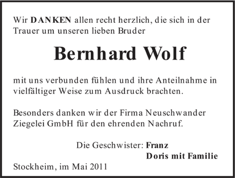  Traueranzeige für Bernhard Wolf vom 27.05.2011 aus 