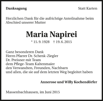 Traueranzeige von Maria Napirei 